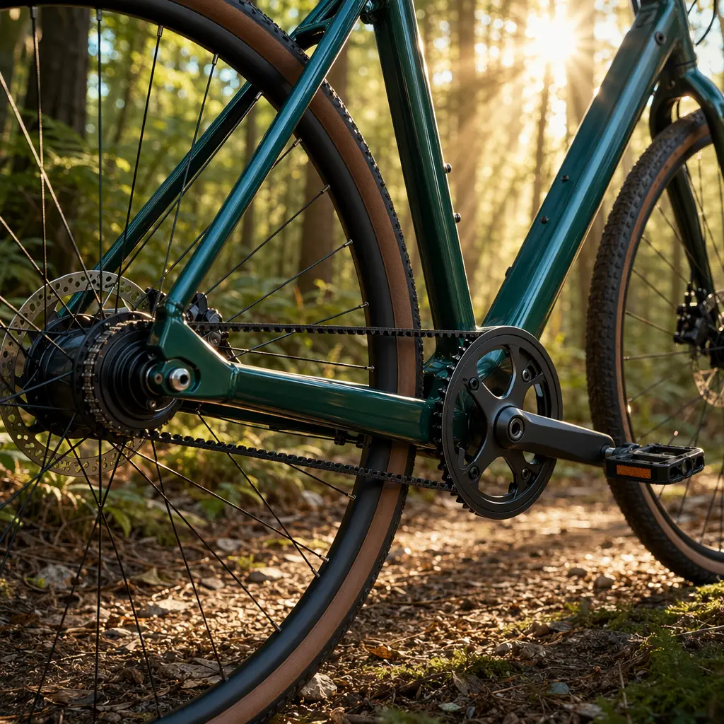 Detail of high-end hybrid bike components in warm sunlight