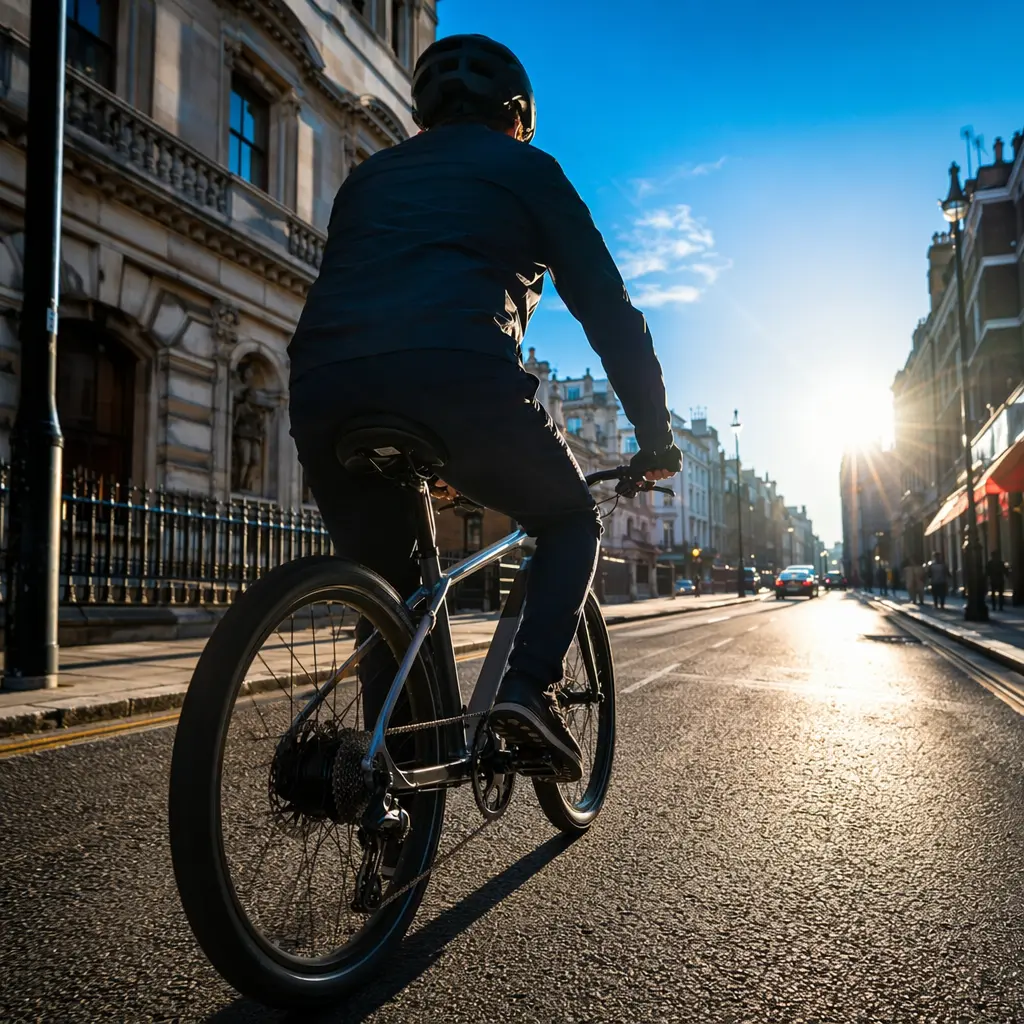High-end hybrid bike used for commuting on a bright UK city street
