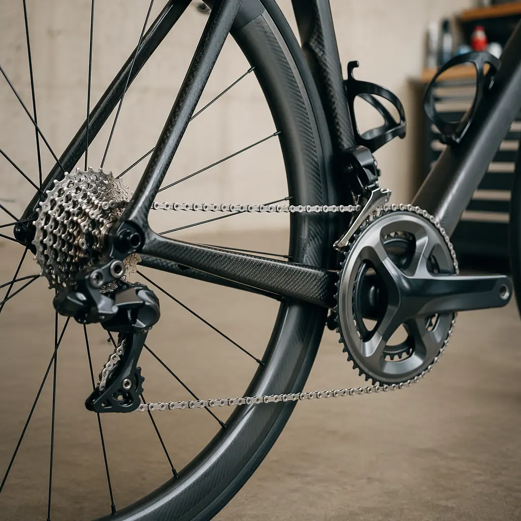 Close-up of a high-end road bike drivetrain and wheel