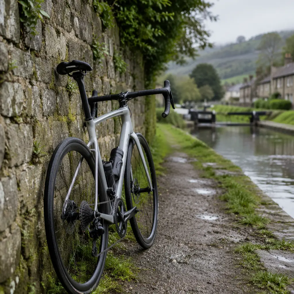 Road bike beside a UK canal towpath