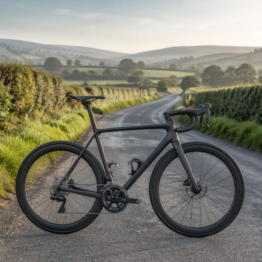 High-end road bike on a quiet UK country lane in soft natural light