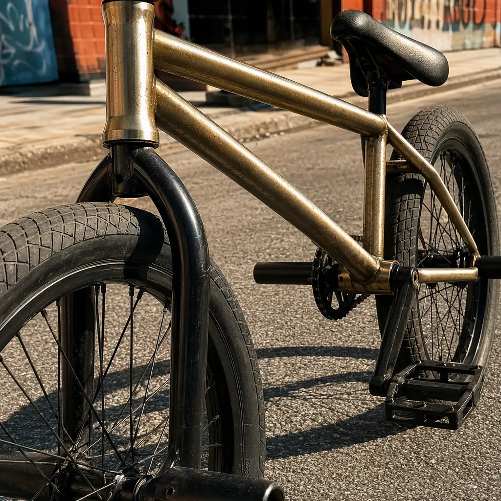 Detailed view of a BMX bike frame and wheels in bright sunlight