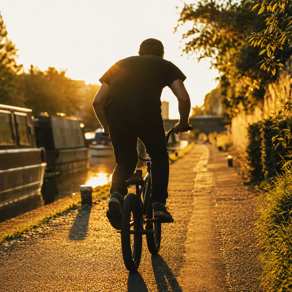 Silhouetted BMX rider on a canal path in warm evening light