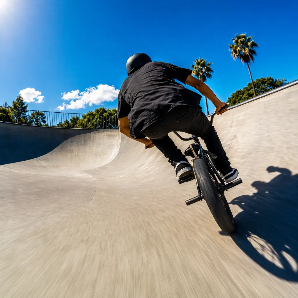 A BMX bike being ridden through a sunlit skatepark bowl