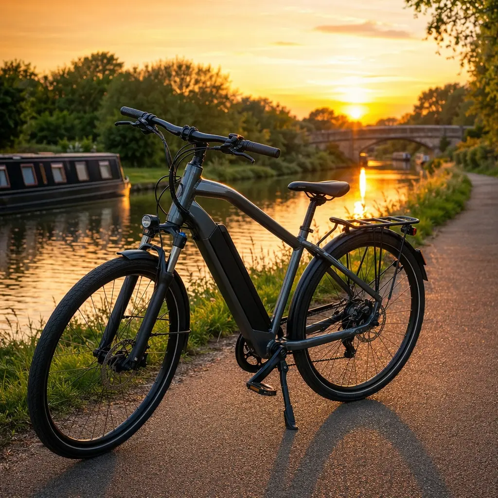 An entry-level electric bike beside a canal towpath in warm evening light
