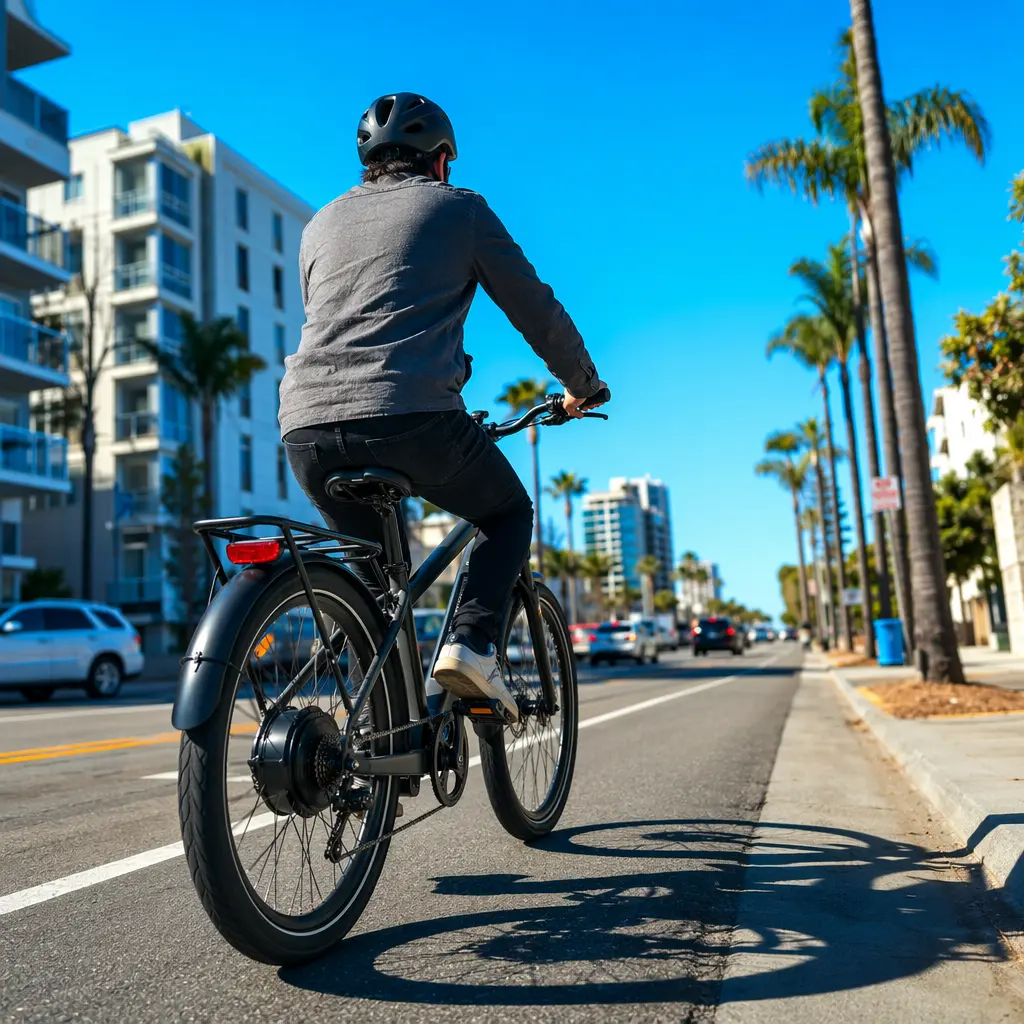 A budget electric bike being ridden along a bright, sunlit UK street