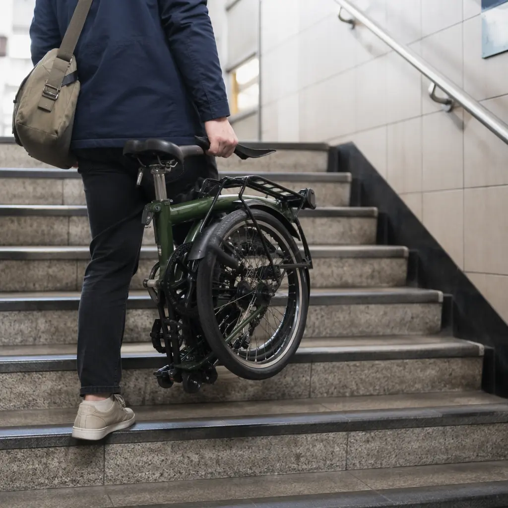 A compact folding bike being carried up station steps