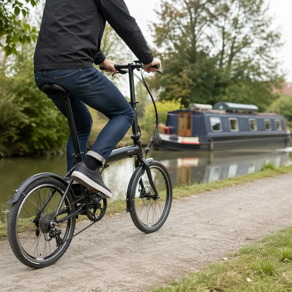 A folding bike in use on a flat canal towpath