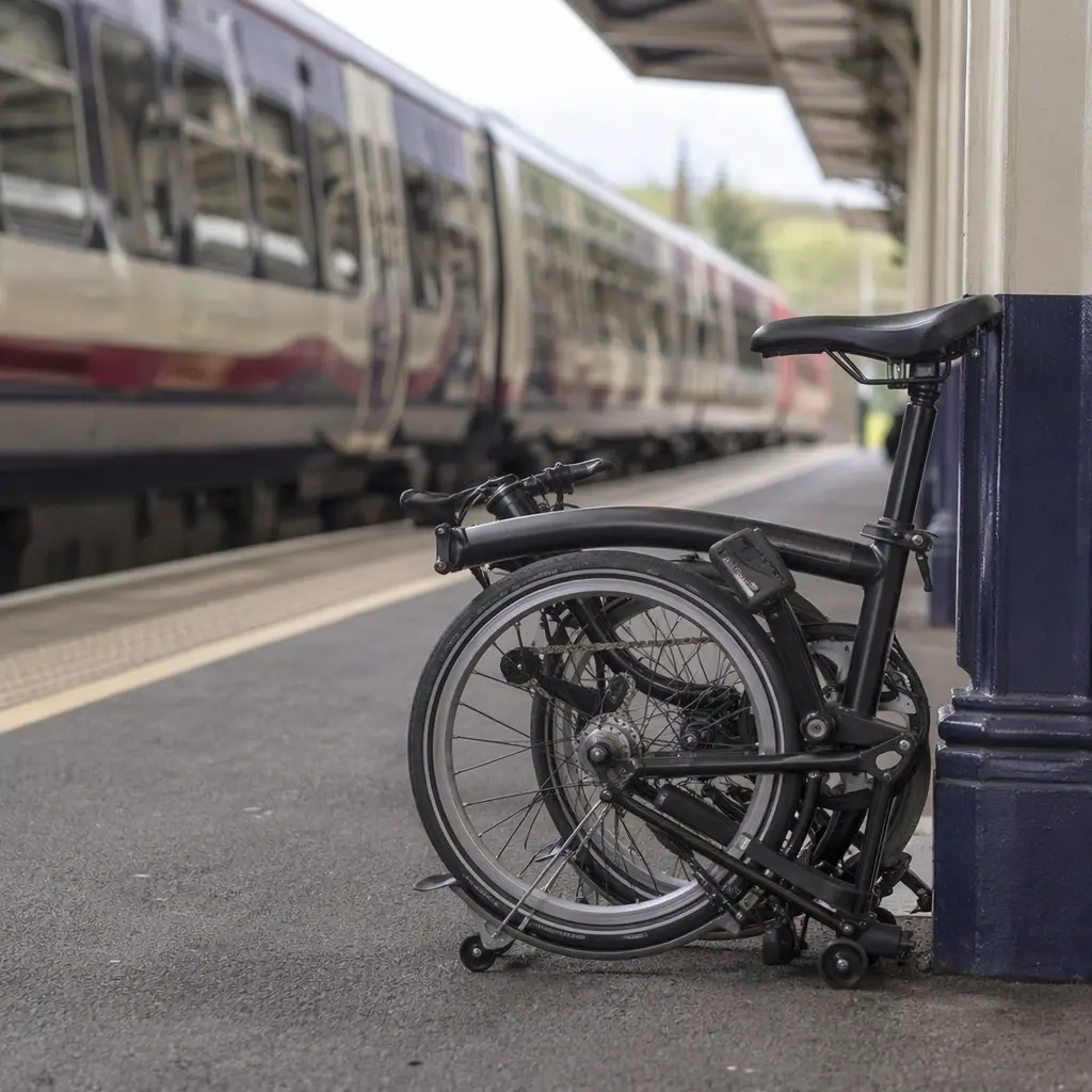 A folding bike folded on a UK train platform, showing its compact size