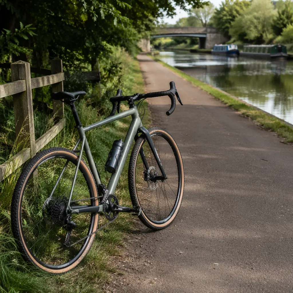 Gravel bike beside a UK canal towpath, showing mixed-surface commuting potential