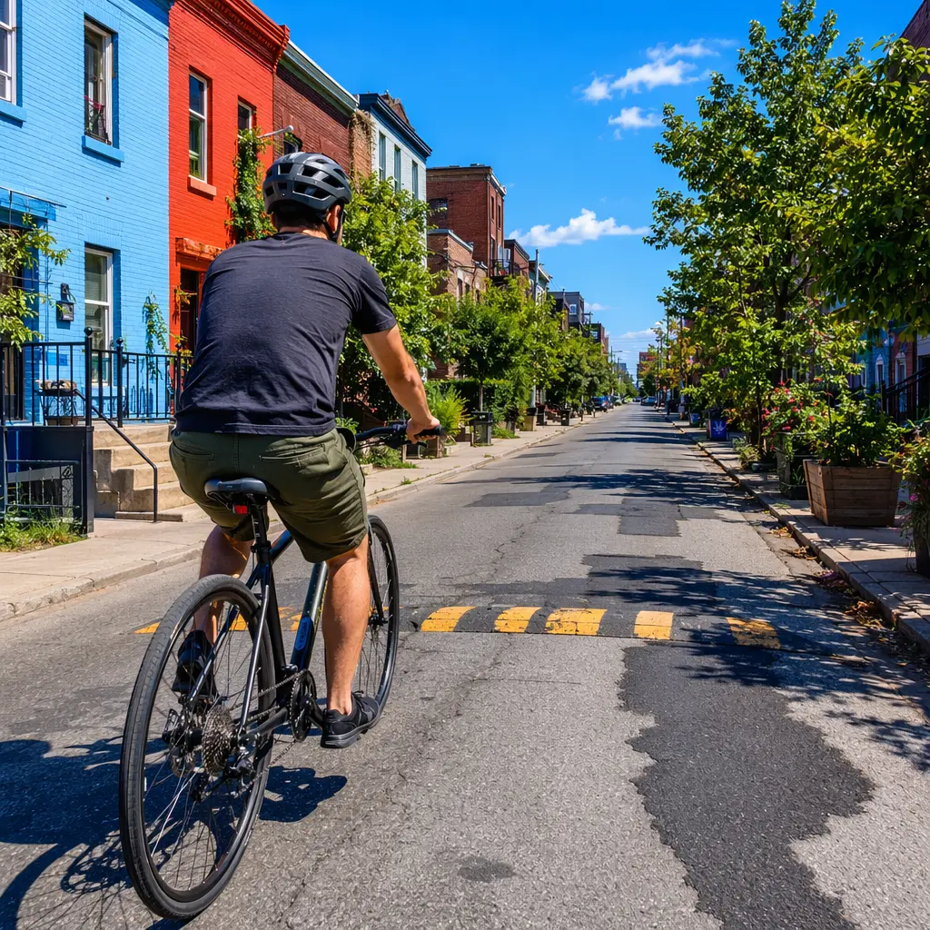 Hybrid bike navigating patched urban tarmac under a bright summer sky