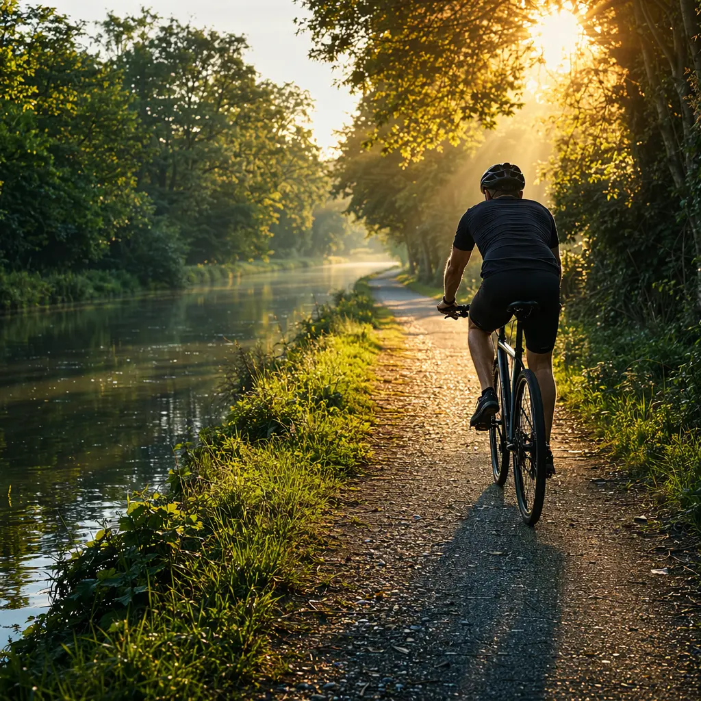 Hybrid bike on rough canal towpath in warm morning sunlight