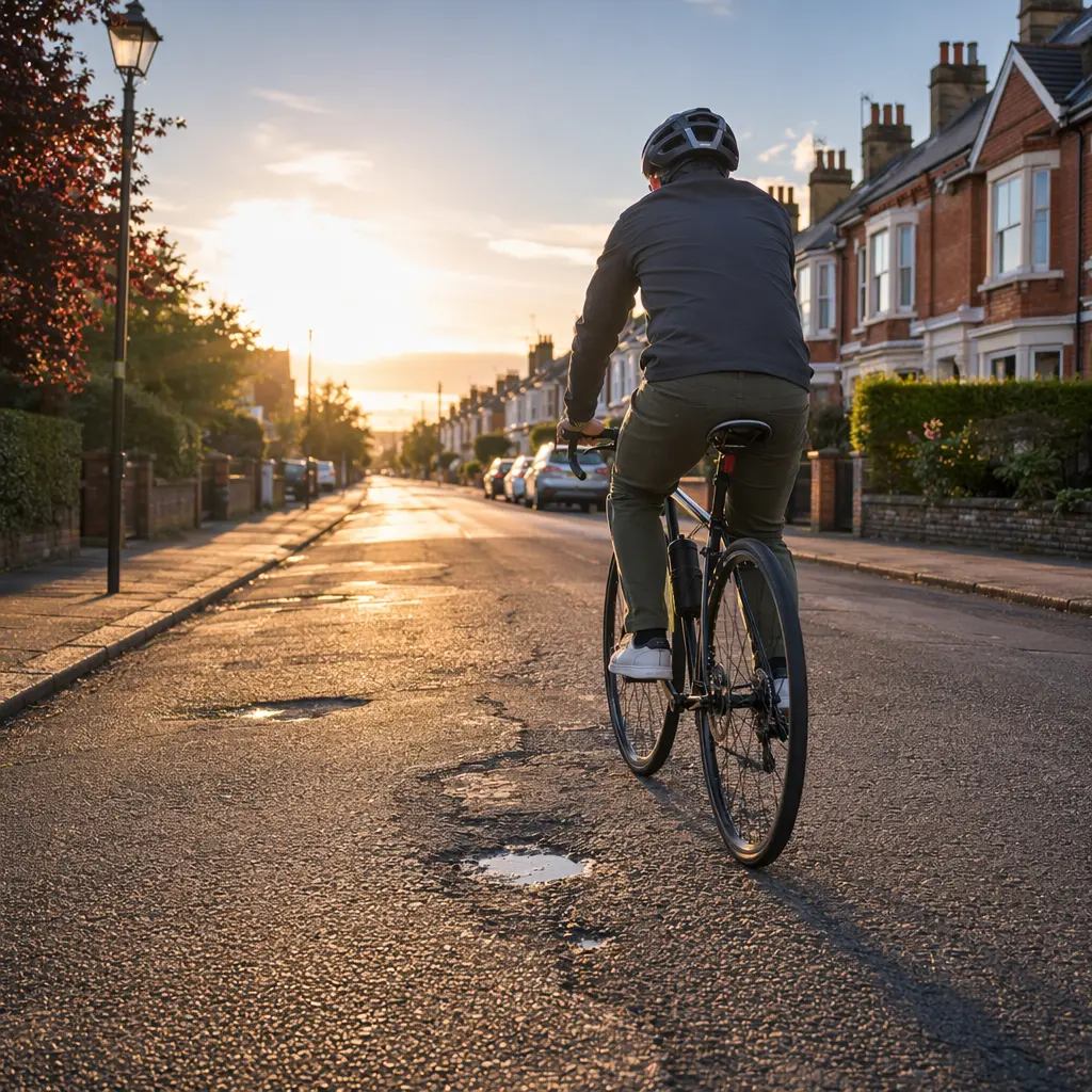 Hybrid bike riding over rough UK road surfaces in warm golden-hour light