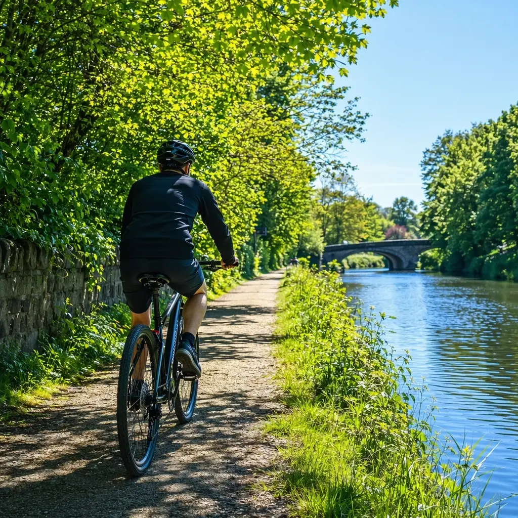 Hybrid bike commuting along a sunny canal towpath