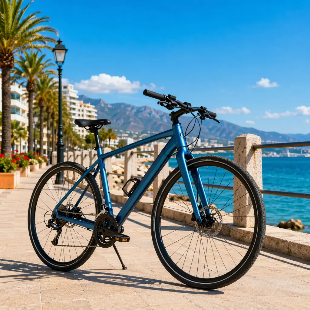 Hybrid bike ready for a sunny commute by the seafront