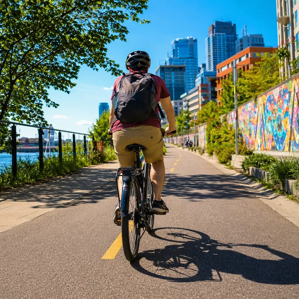 Hybrid bike being used for a city commute on a sunny day