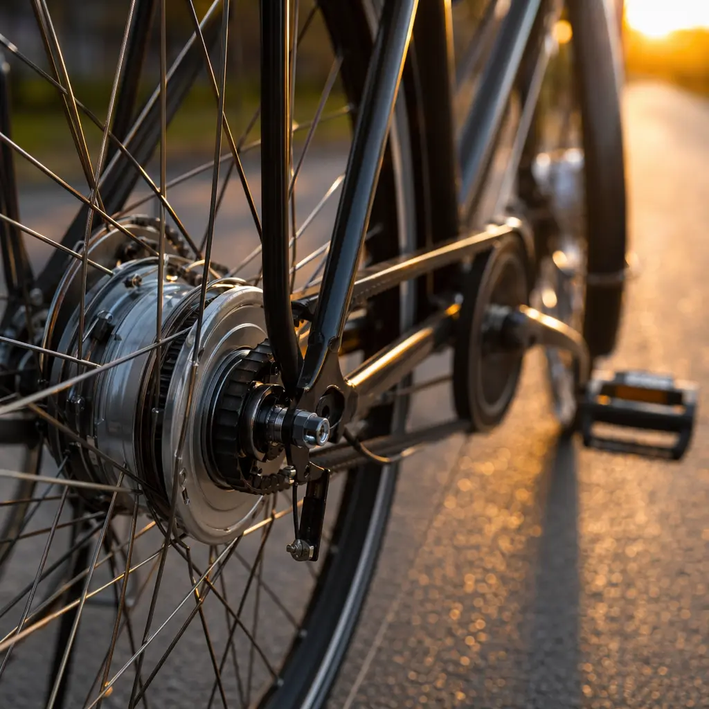 Close-up of an internal gear hub on a commuter bike wheel in warm evening light