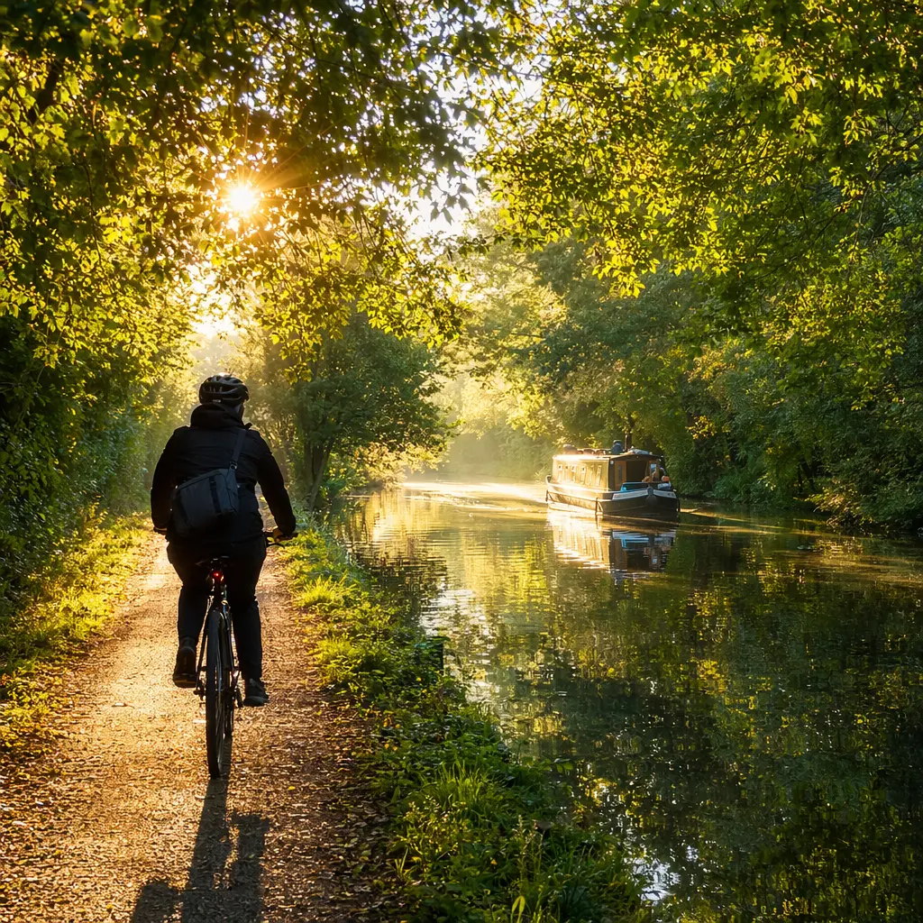 Commuter bike with hub gears riding along a sunny canal towpath