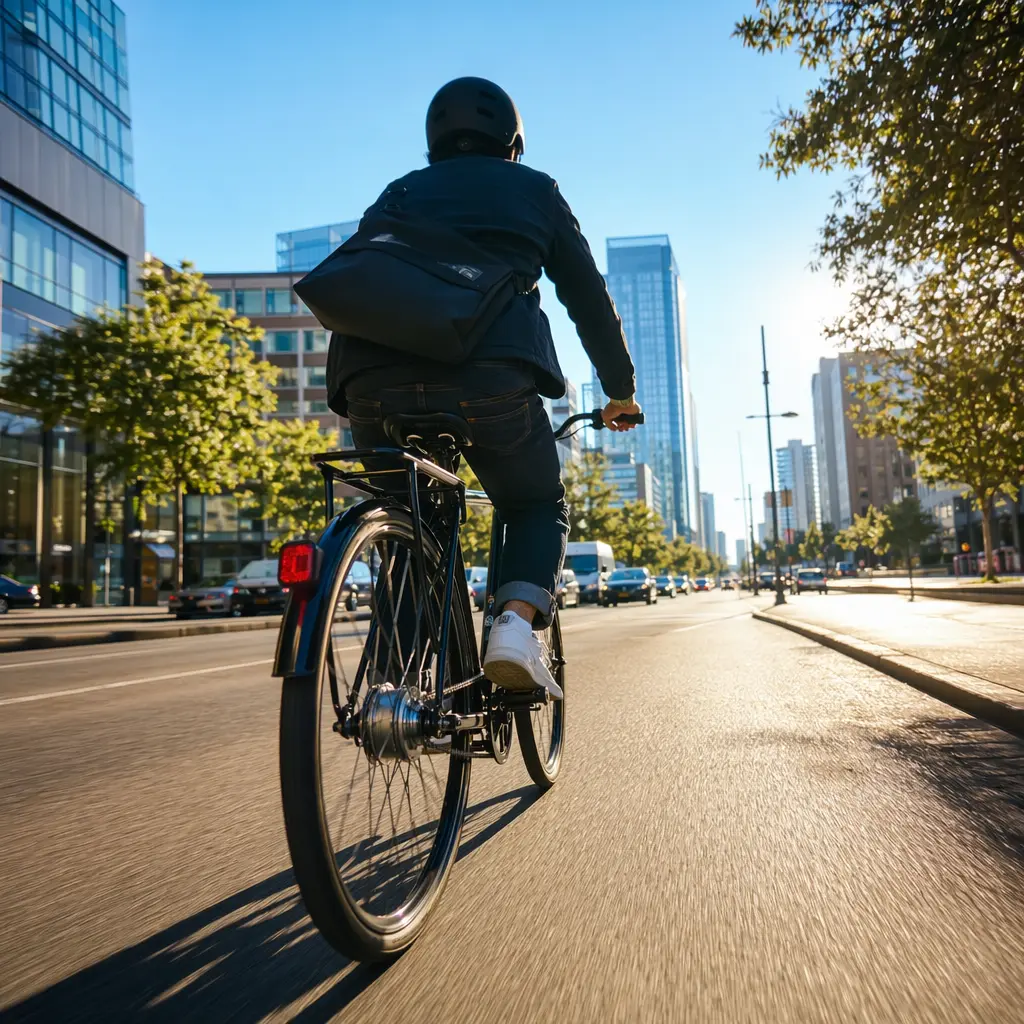 Commuter bike with internal gear hub riding through a sunny UK city street
