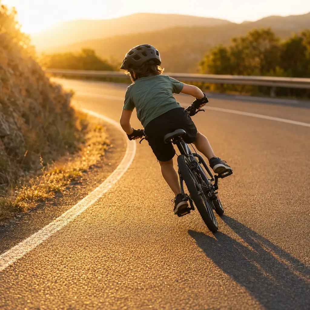A child-sized bike cornering on sunlit tarmac during golden hour.