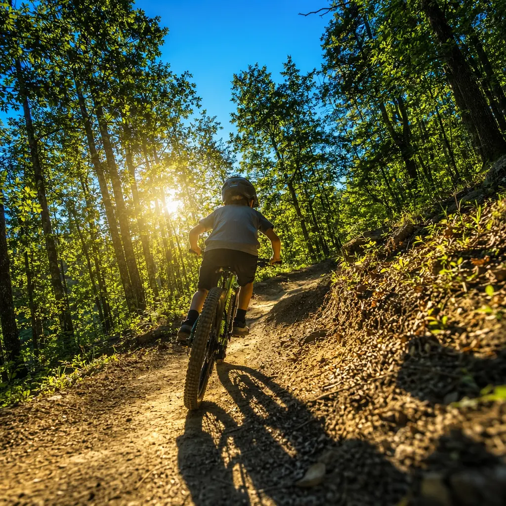 A kids’ mountain bike on a woodland trail in bright morning sunlight.