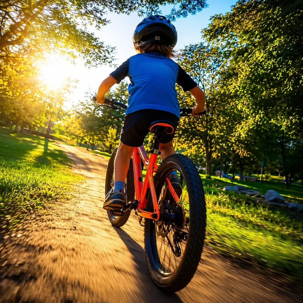 A lightweight kids’ bike being ridden quickly along a sunny park path, rider seen from behind.
