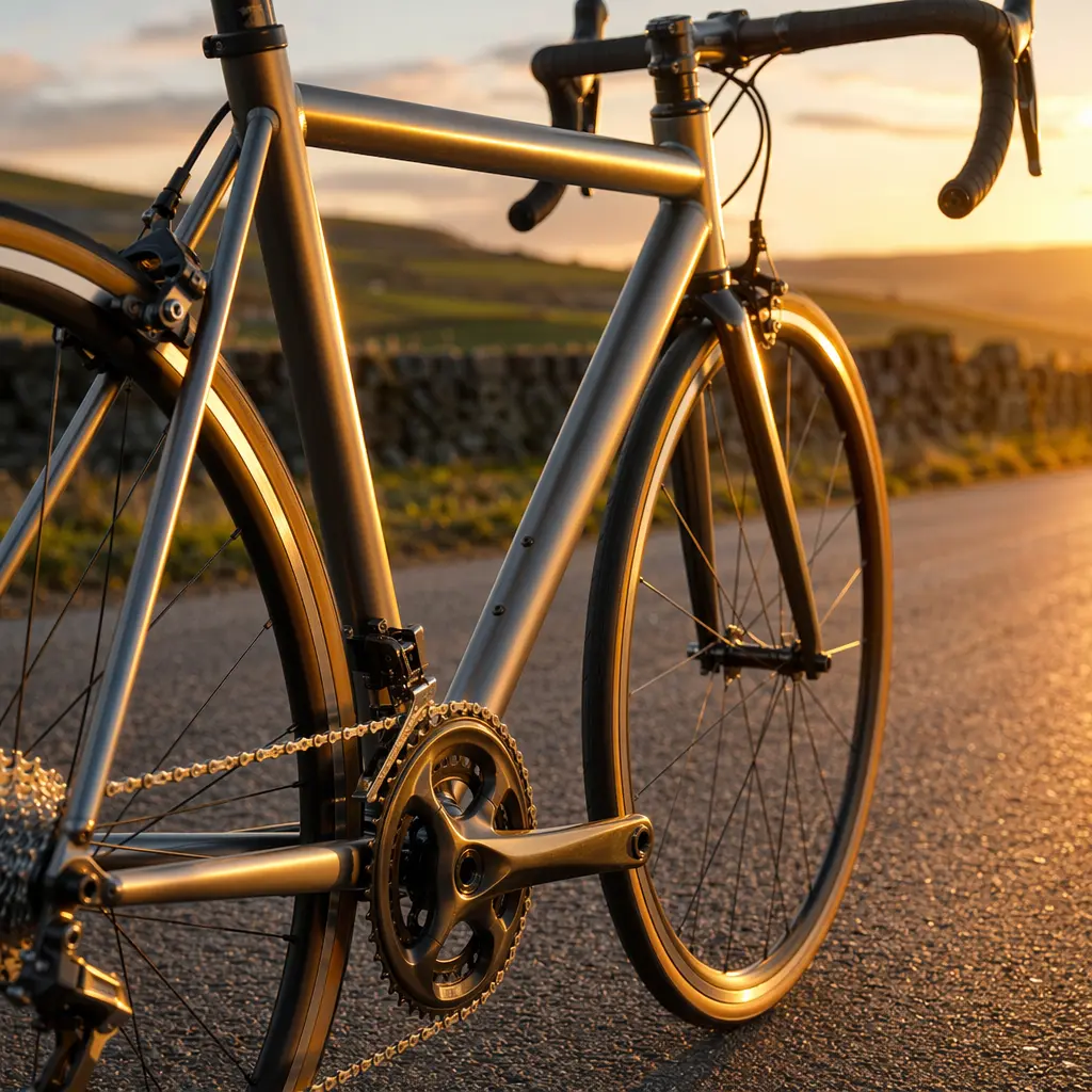 Detail view of an entry-level road bike in warm evening light