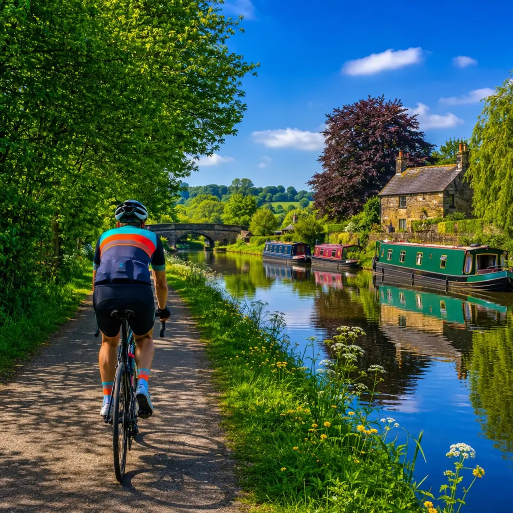 Fitness ride on a budget road bike along a sunny canal path
