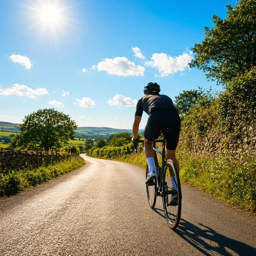 Budget road bike being used for a fitness ride on a sunny country lane