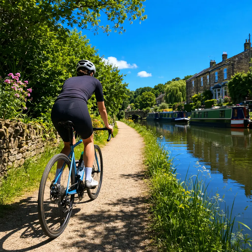Beginner road bike with disc brakes on a sunny canal towpath