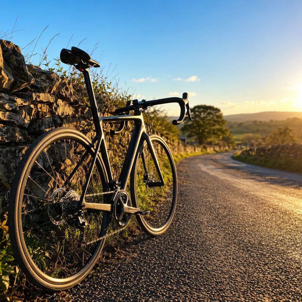 A budget road bike with disc brakes on a sunny country lane