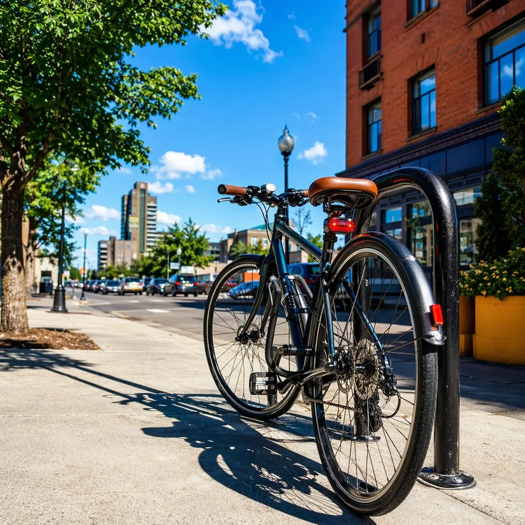 Urban commuter bike in bright sunshine showing premium lights and security accessories