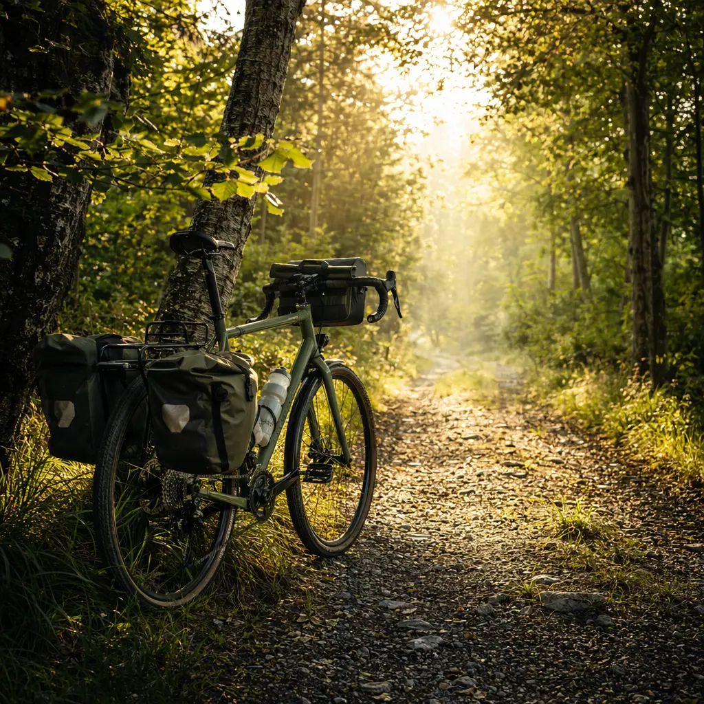 Touring bike on a woodland track in warm morning light with comfort-focused accessories fitted