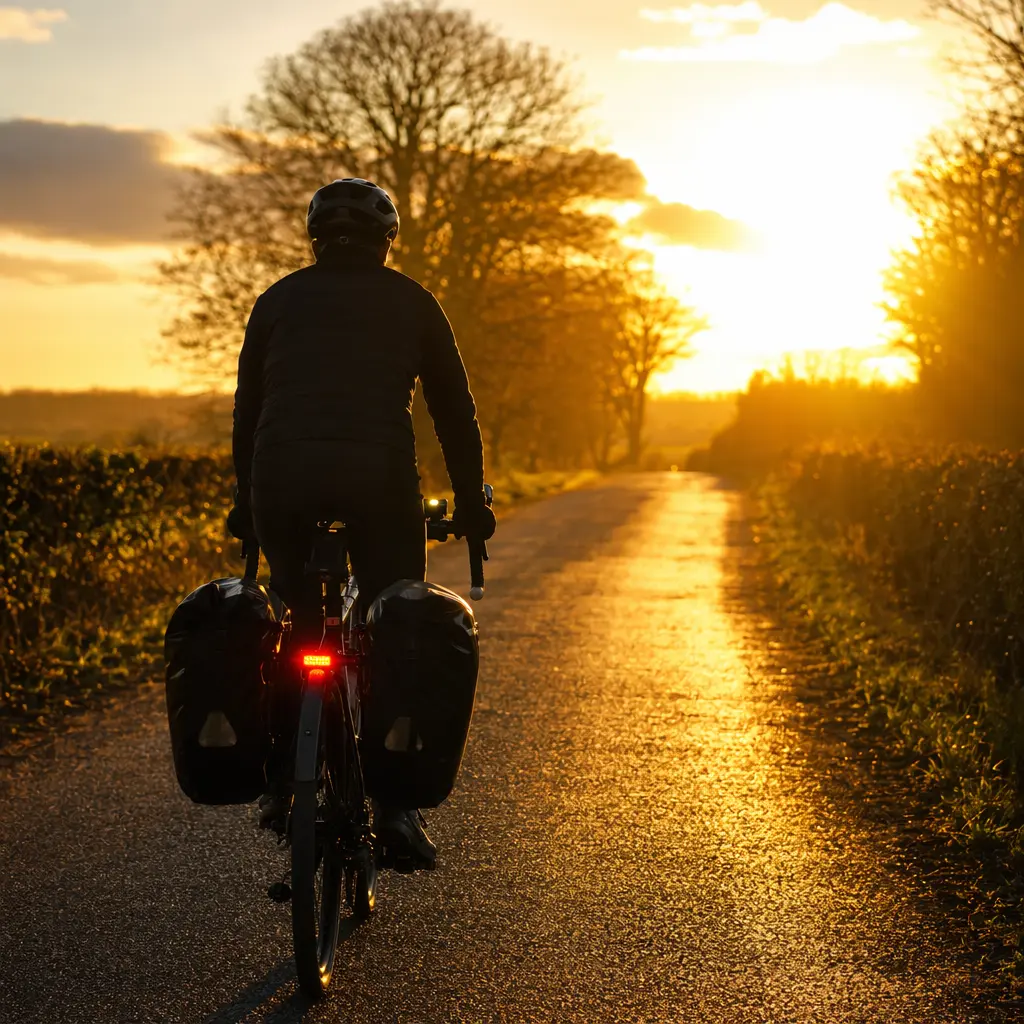 Silhouetted cyclist riding at golden hour with premium bike accessories fitted