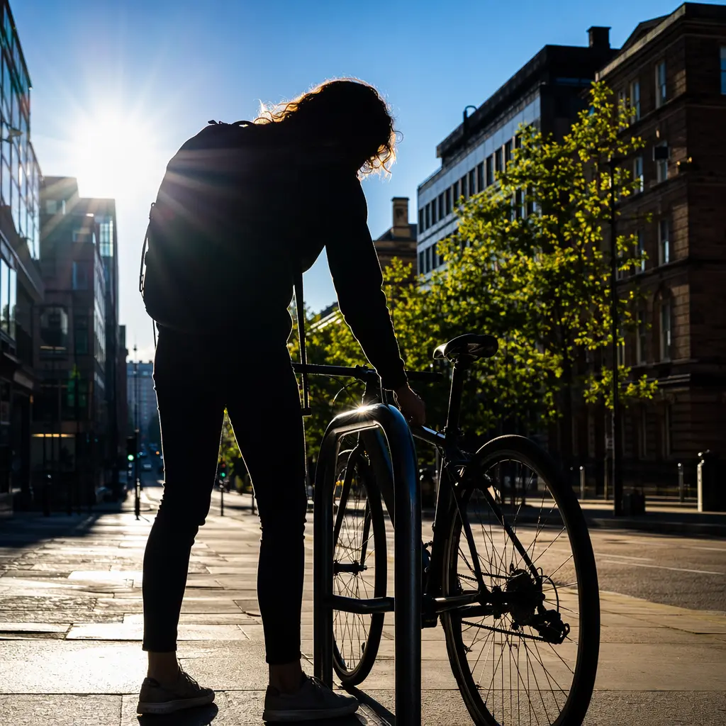 Cyclist locking a bike to a street stand in bright sunlight
