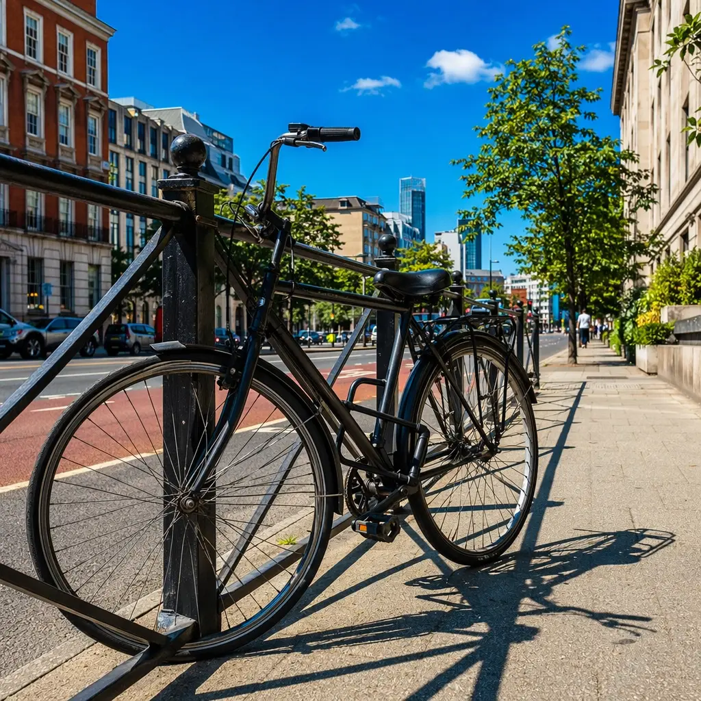 A commuter bike secured with a D-lock on a bright, sunny city street.