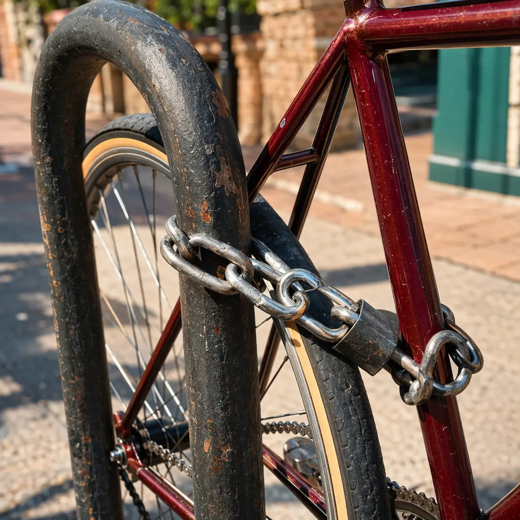 Close-up of a chain lock securing a bike frame to a city stand in bright daylight.