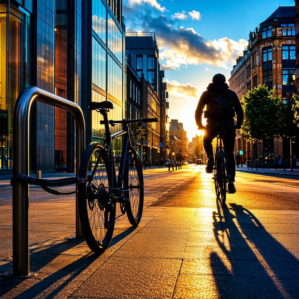 A commuter bike securely locked to a city stand in bright, dramatic light.