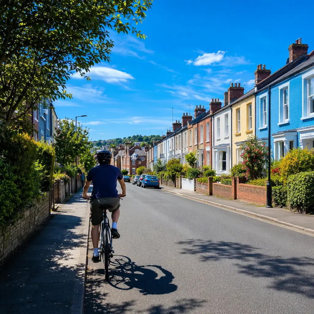 Rider cycling a basic hybrid bike along a sunny UK street