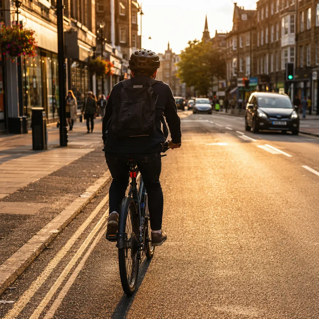 A rider on a hybrid bike travelling along a bright, sunlit urban street