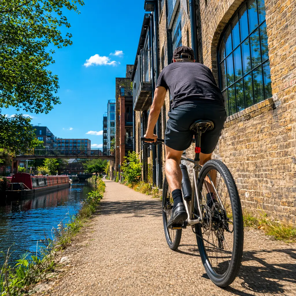 A flat-bar bike riding along a sunny canal towpath, suitable for mixed urban riding