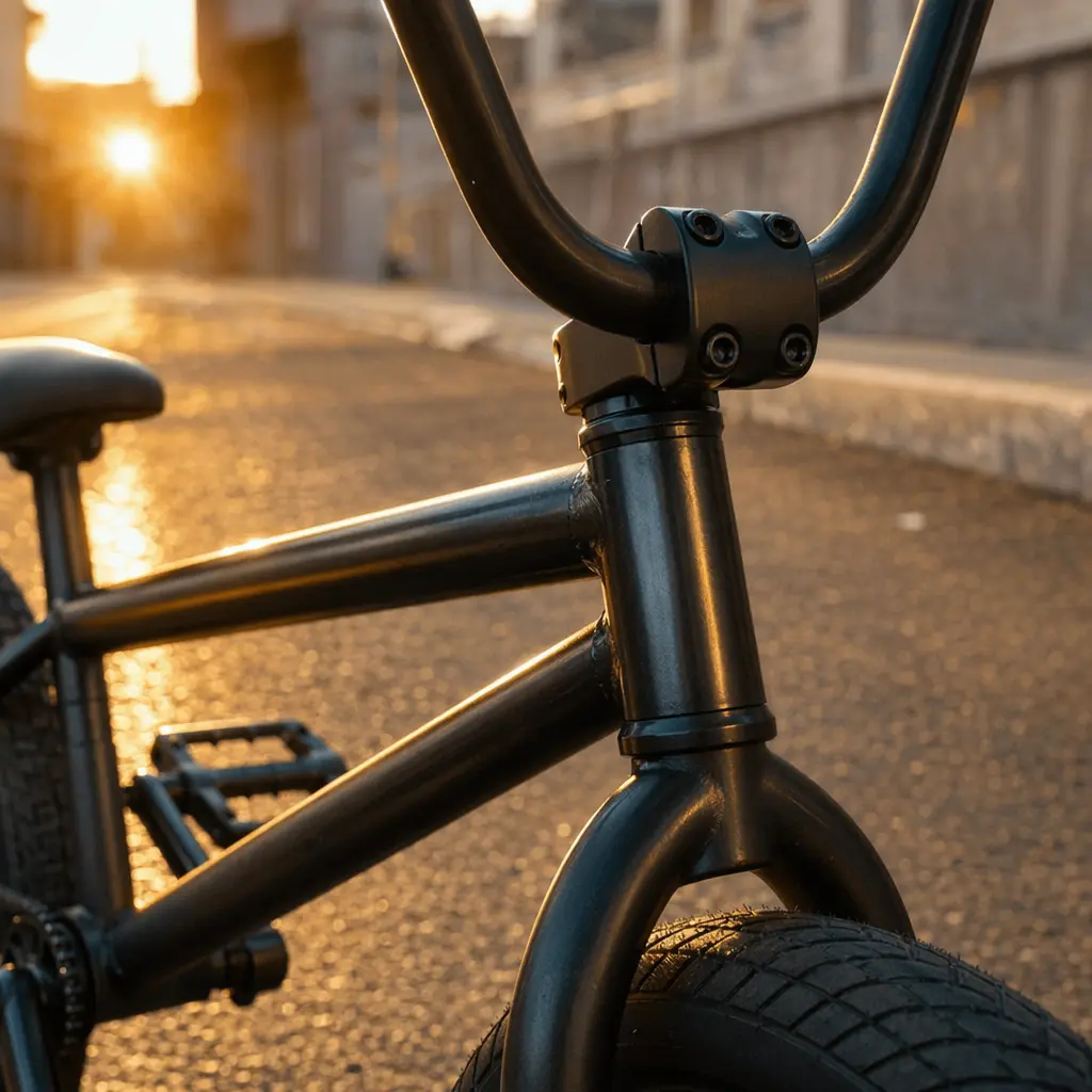 Detail view of a BMX bike frame and handlebars in warm evening light