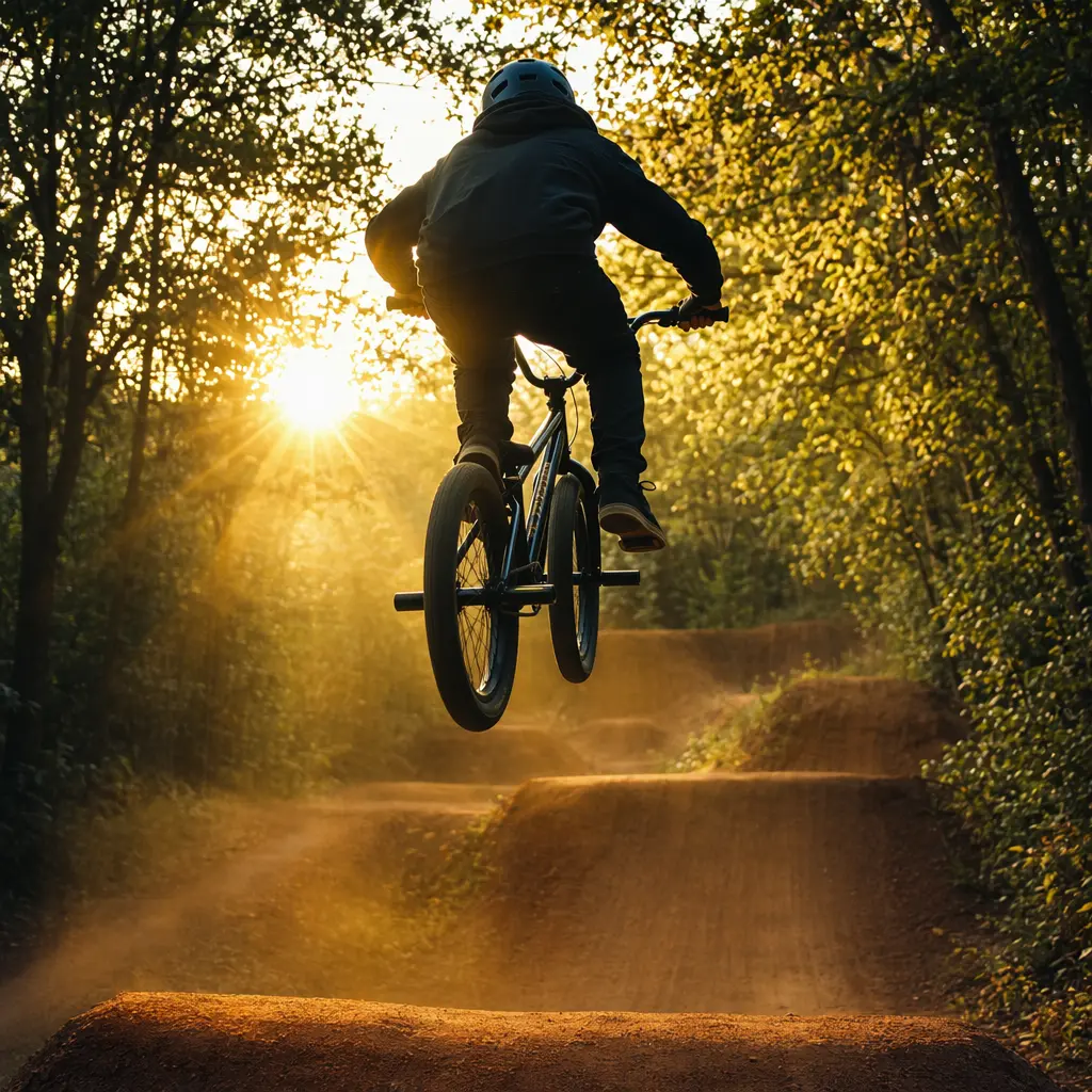 BMX bike taking off on a dirt jump in bright morning light