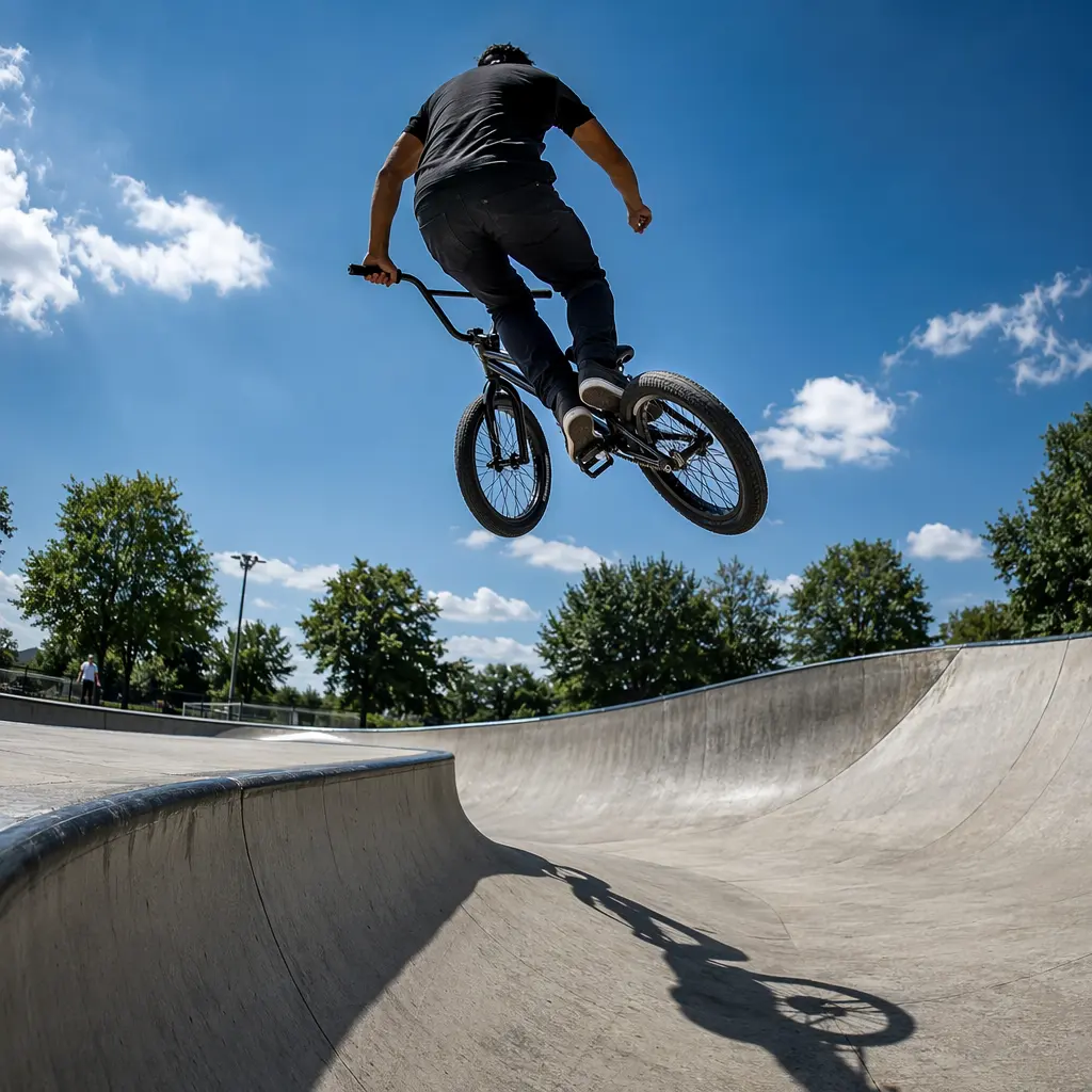 BMX bike riding in a sunlit skatepark, showing clean lines and sturdy components