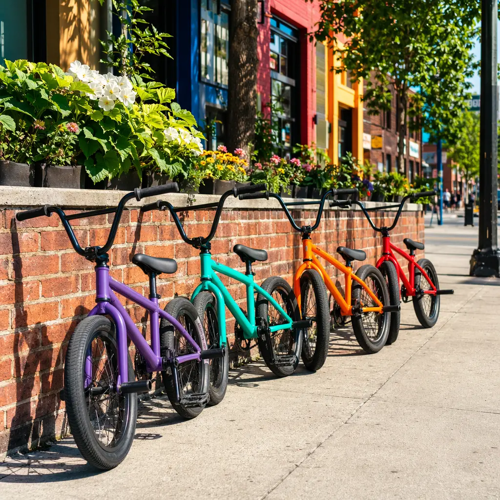 Colourful entry-level BMX bikes in bright daylight on an urban street