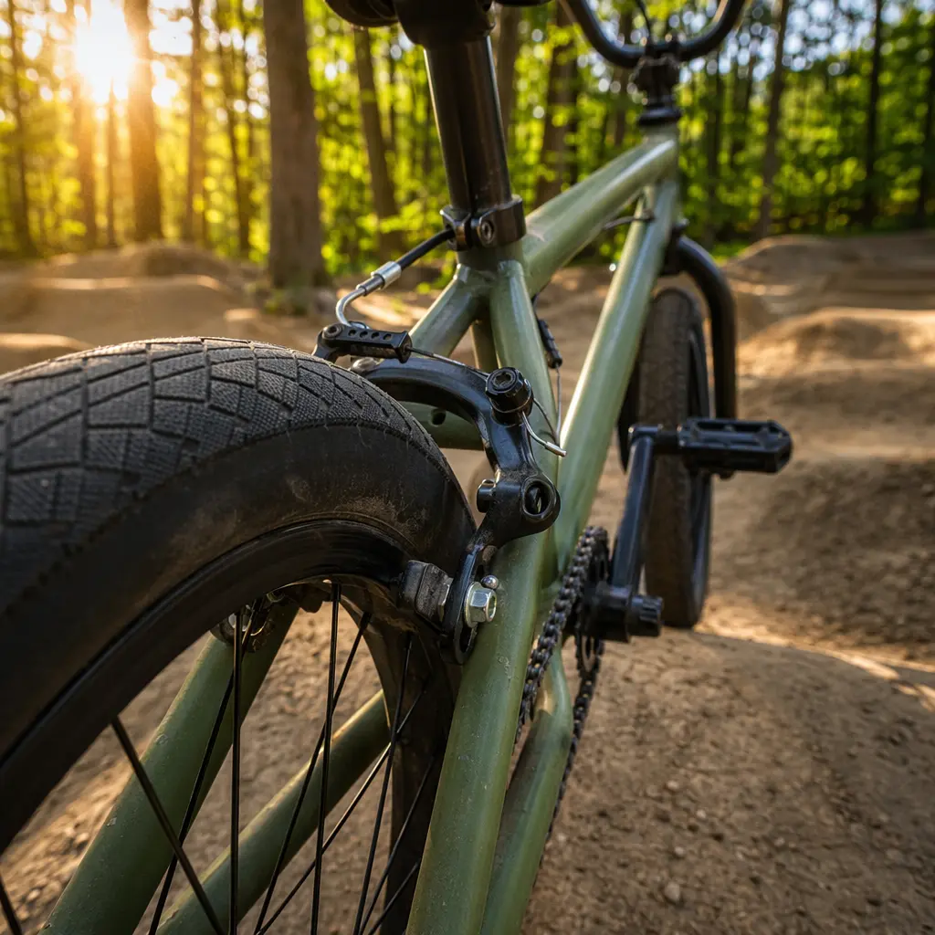 Close-up of a BMX brake and tyre in warm sunlight