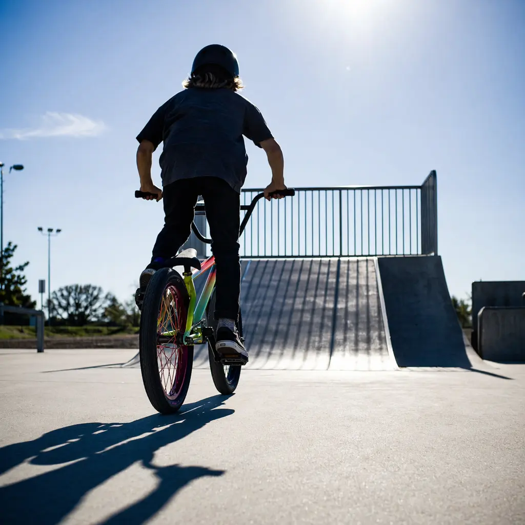 Beginner BMX rider silhouetted against a bright blue sky at a skatepark