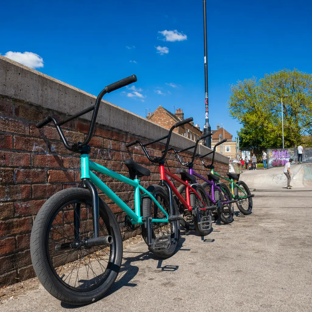 Budget BMX bikes resting beside a sunny skatepark