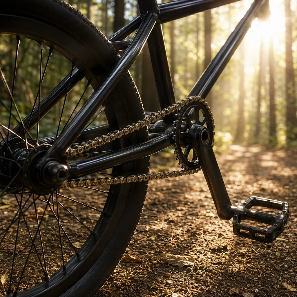 Close-up of a BMX rear wheel and drivetrain in sunlight