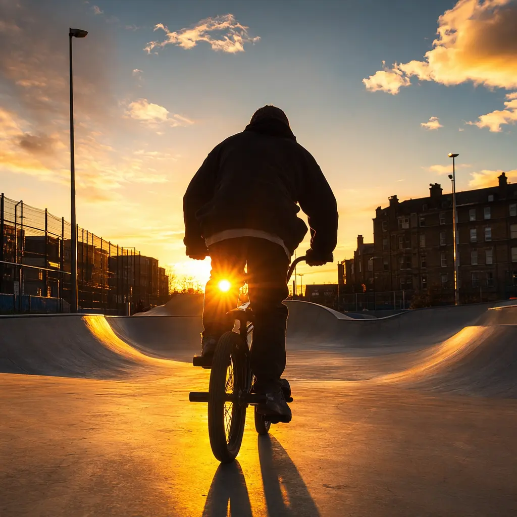 Silhouetted BMX rider leaving a skatepark at golden hour